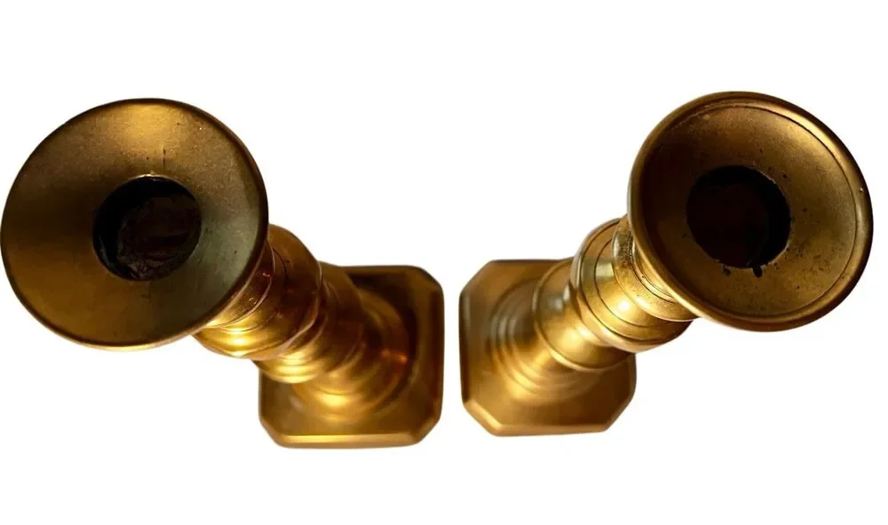 Vintage Brass Candle Stick Holders Beehive Faceted Knobs Square Base Lot of 3